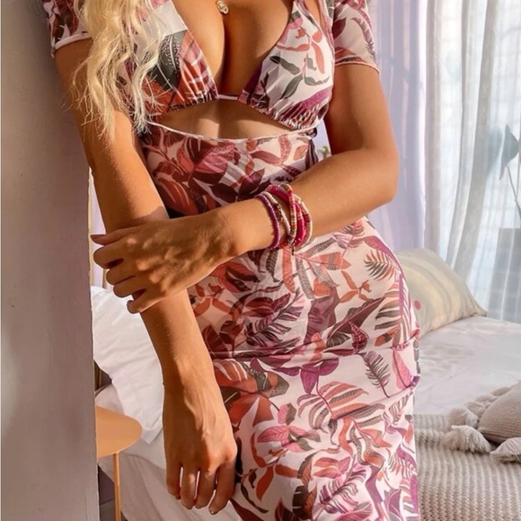 3pack Plant Print Halter Bikini Swimsuit & Cover Up - Picture 3 of 8